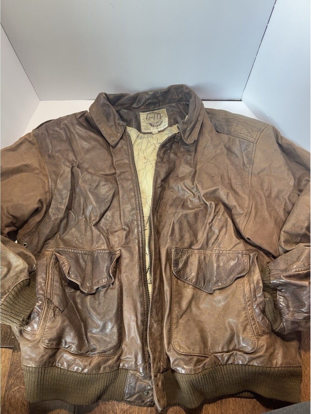 Vintage G-III Leather Jacket Normandy Map Lining Brown SizeM